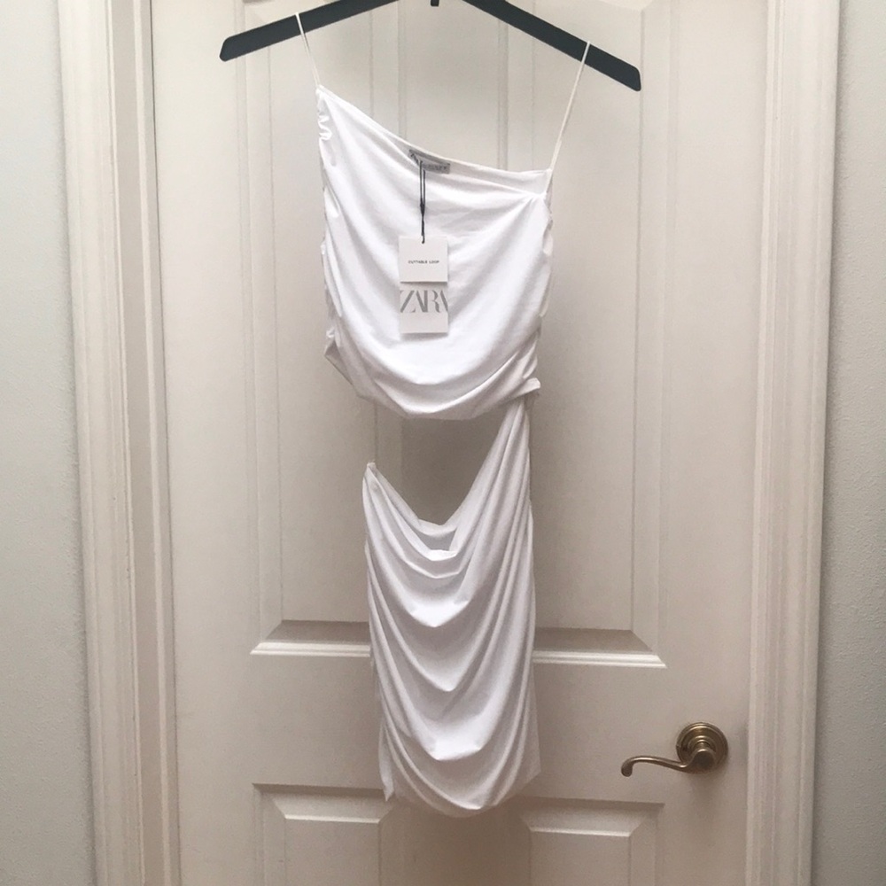 NWT Zara White Draped Cutout Midi Dress